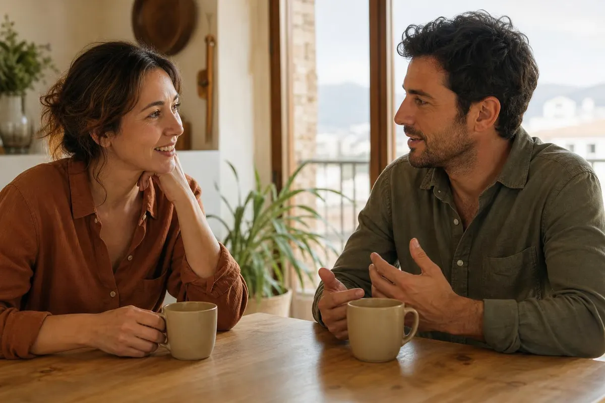 Pareja conversando con calma en el salón de casa sobre cómo hablar de tener hijos
